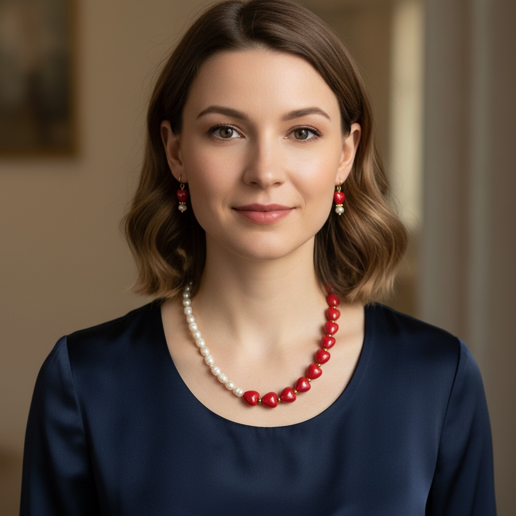 Necklace & Earrings with Freshwater Pearls and Ceramic Hearts